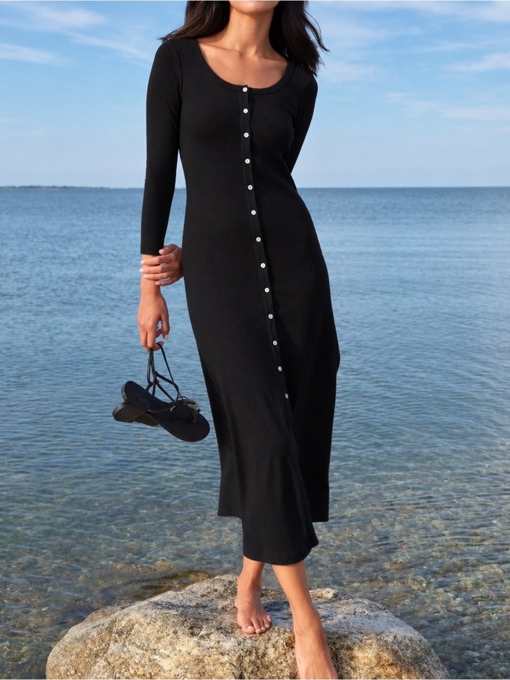 AYR The It Girl Ribbed Button Front Midi Dress Black Size M